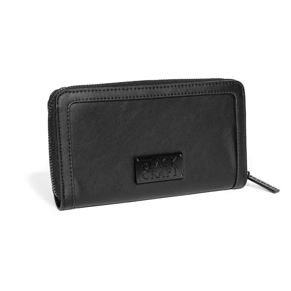 Black faux leather zip around wallet.