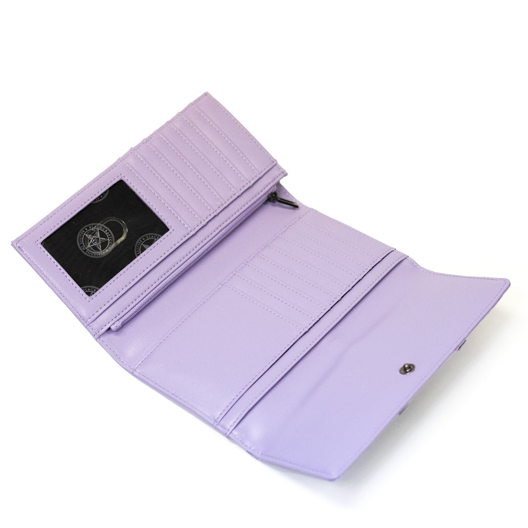 Purple faux leather slim clutch wallet.