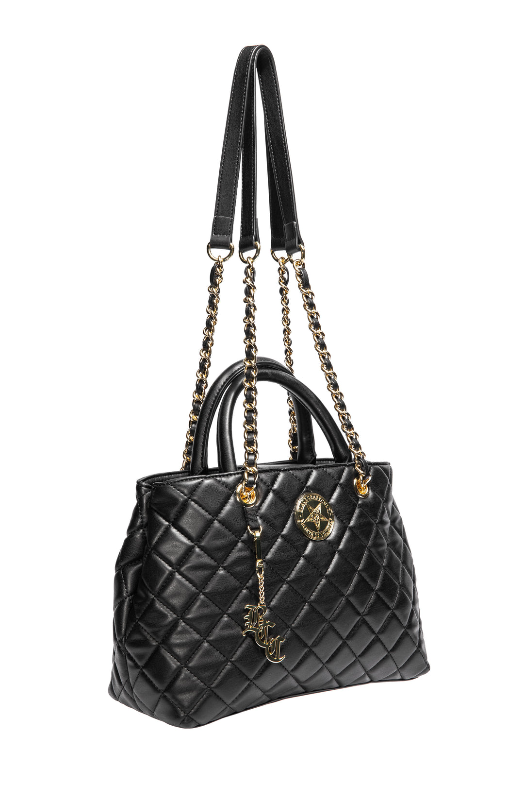 Black quilted satchel with magnetic closure. 