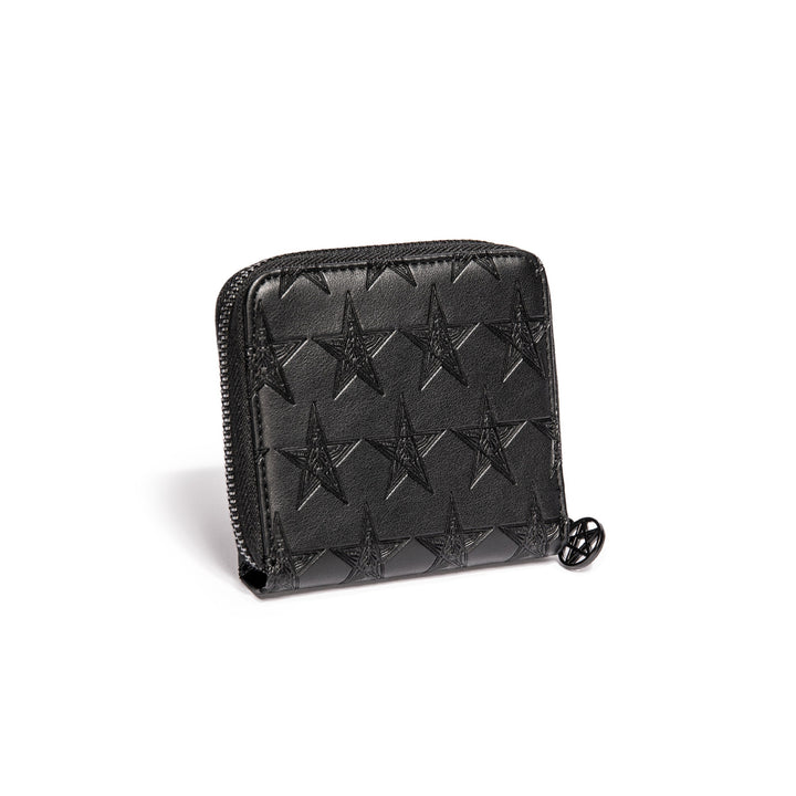 Small black faux leather zip around wallet with black hardware. 